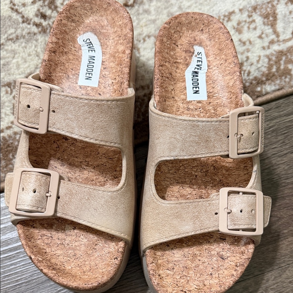 Steve Madden Nude Double-Buckle Cork Slide Sandals